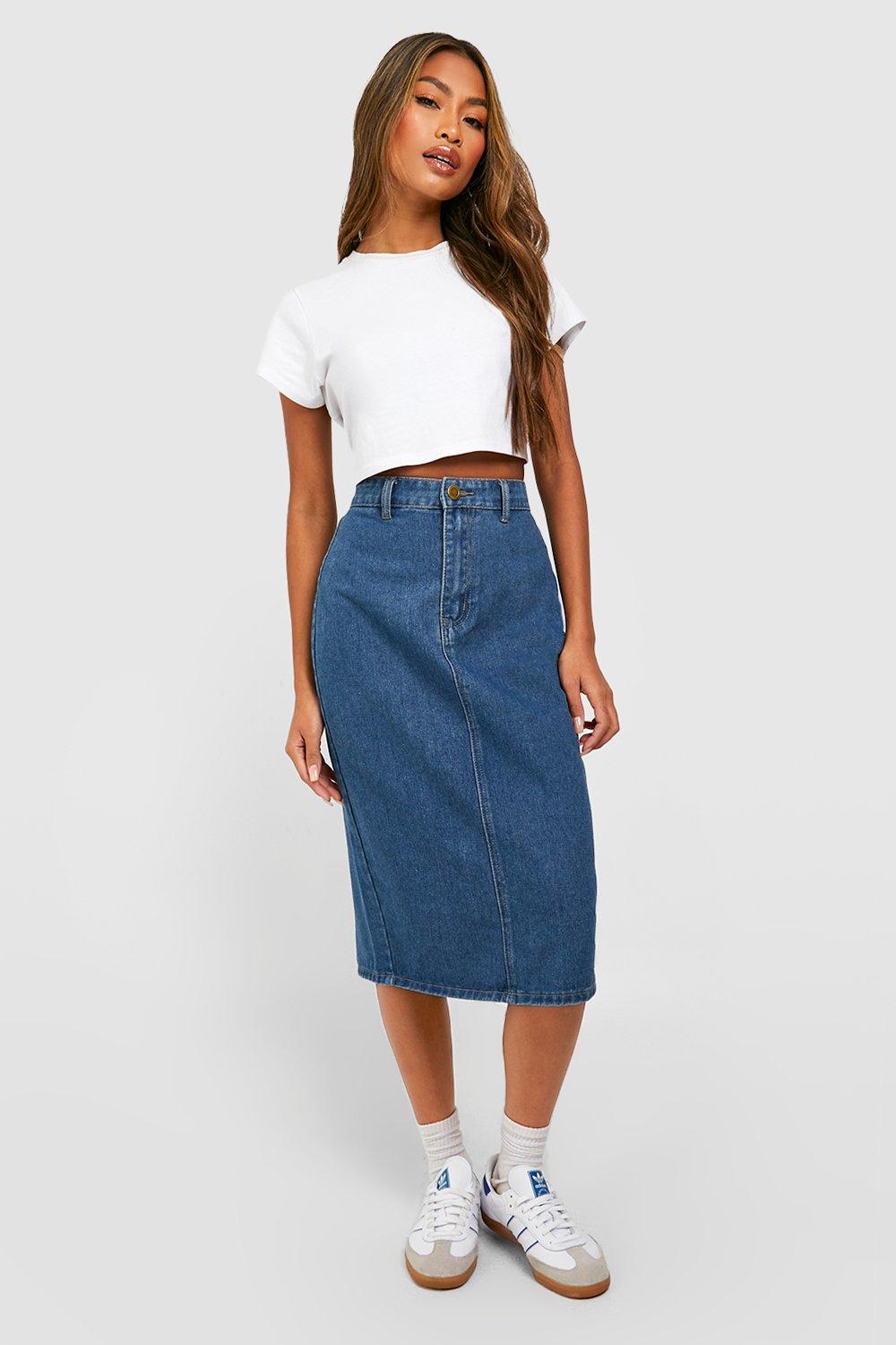 Knee length 2025 denim skirt boohoo